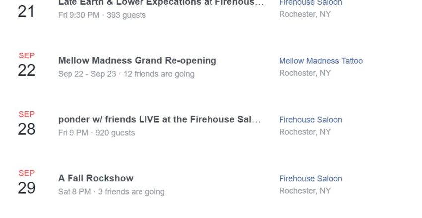 Upcoming event listings at Firehouse Saloon Rochester